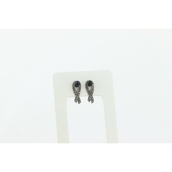 Sterling Silver Marcasite Ribbon Earrings with Black Bead Stud Post - Picture 4 of 9